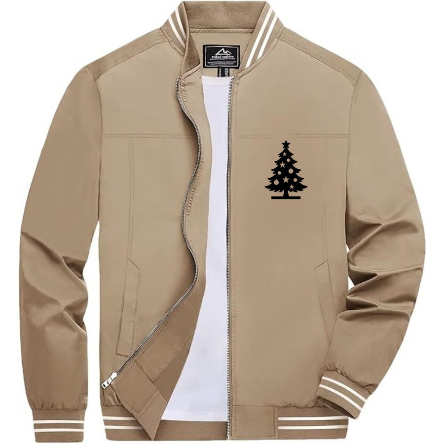 Men's Christmas Tree Lightweight Zip-Up Bomber Jacket with Ribbed Collar and Cuffs - Versatile Casual Outerwear