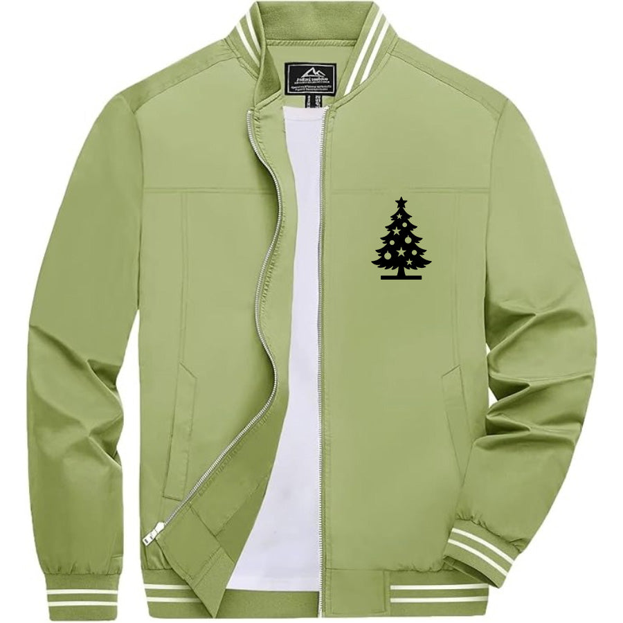 Men's Christmas Tree Lightweight Zip-Up Bomber Jacket with Ribbed Collar and Cuffs - Versatile Casual Outerwear