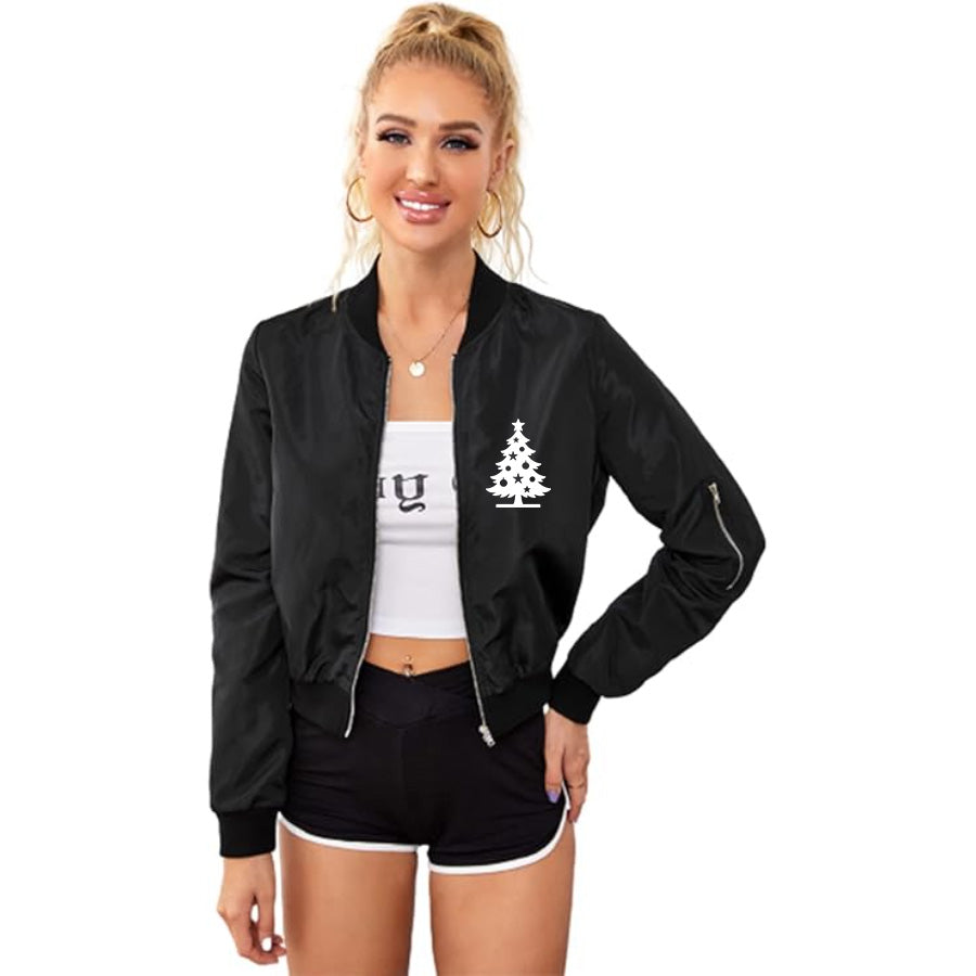 Women's Christmas Tree Lightweight Bomber Biker Jacket Zip up Windbreaker Crop Bomber Jacket Coat