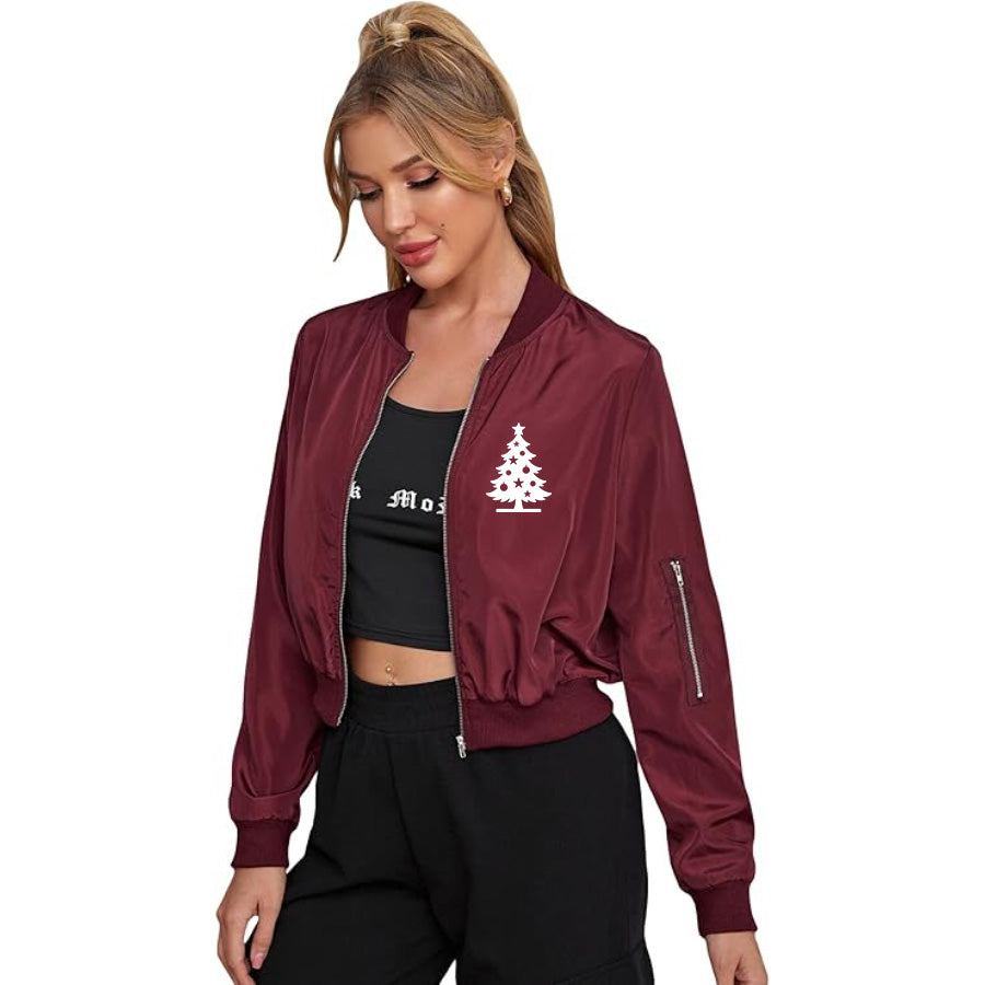 Women's Christmas Tree Lightweight Bomber Biker Jacket Zip up Windbreaker Crop Bomber Jacket Coat