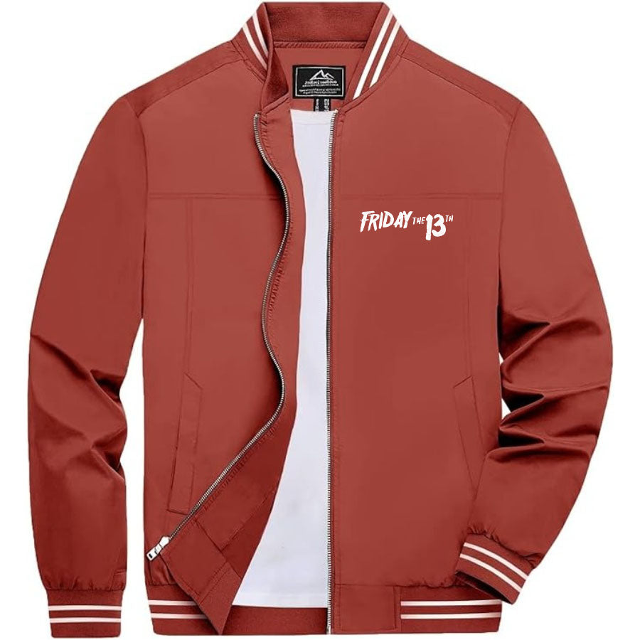 Men's Friday The 13th Lightweight Zip-Up Bomber Jacket with Ribbed Collar and Cuffs - Versatile Casual Outerwear