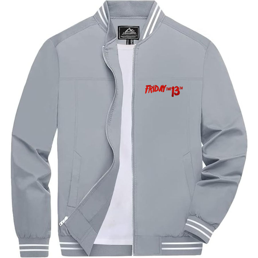 Men's Friday The 13th Lightweight Zip-Up Bomber Jacket with Ribbed Collar and Cuffs - Versatile Casual Outerwear