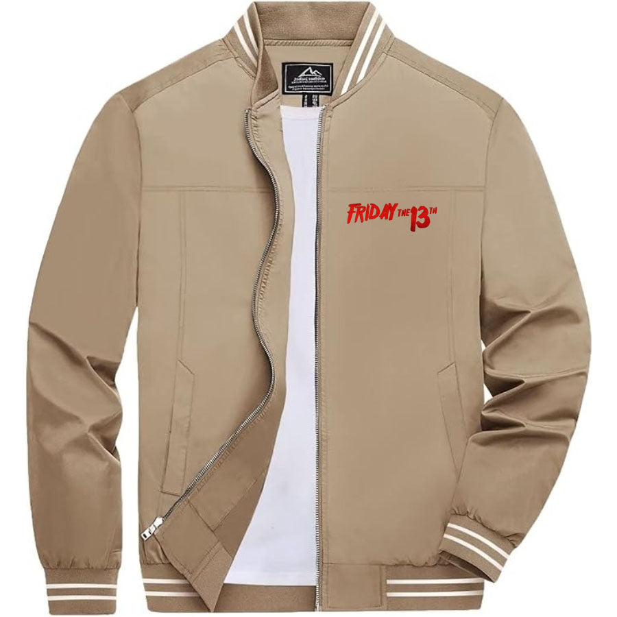 Men's Friday The 13th Lightweight Zip-Up Bomber Jacket with Ribbed Collar and Cuffs - Versatile Casual Outerwear