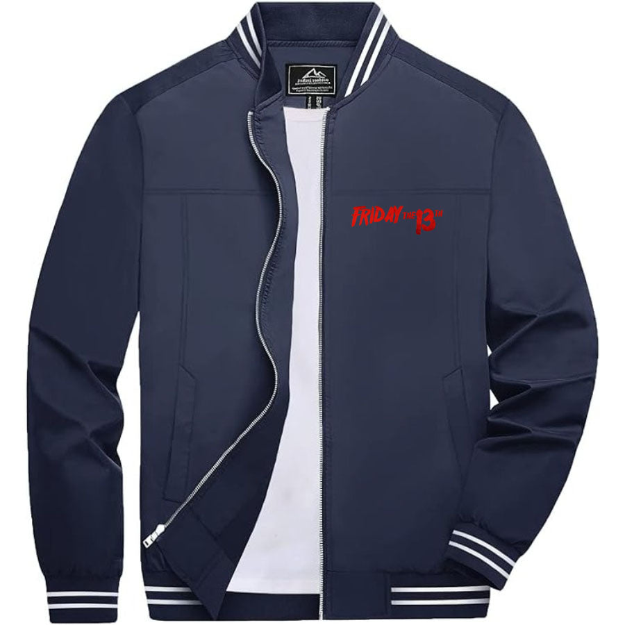 Men's Friday The 13th Lightweight Zip-Up Bomber Jacket with Ribbed Collar and Cuffs - Versatile Casual Outerwear