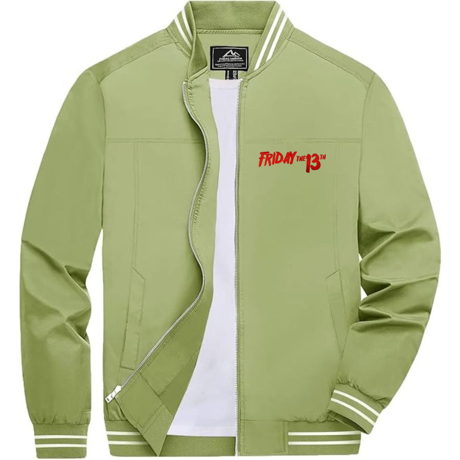 Men's Friday The 13th Lightweight Zip-Up Bomber Jacket with Ribbed Collar and Cuffs - Versatile Casual Outerwear