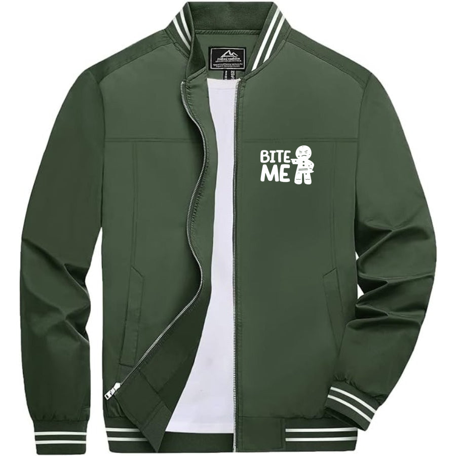 Men's Gingerbread Man Lightweight Zip-Up Bomber Jacket with Ribbed Collar and Cuffs - Versatile Casual Outerwear