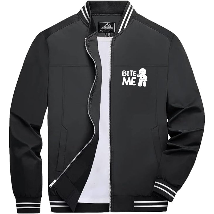 Men's Gingerbread Man Lightweight Zip-Up Bomber Jacket with Ribbed Collar and Cuffs - Versatile Casual Outerwear