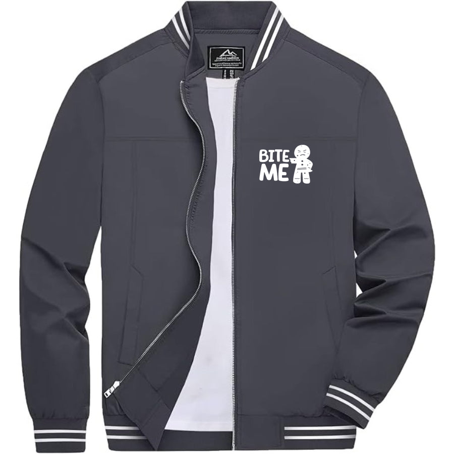 Men's Gingerbread Man Lightweight Zip-Up Bomber Jacket with Ribbed Collar and Cuffs - Versatile Casual Outerwear