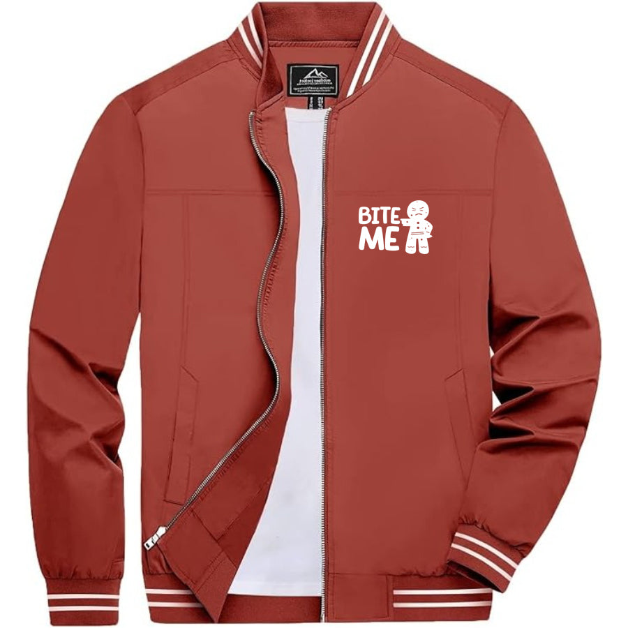 Men's Gingerbread Man Lightweight Zip-Up Bomber Jacket with Ribbed Collar and Cuffs - Versatile Casual Outerwear