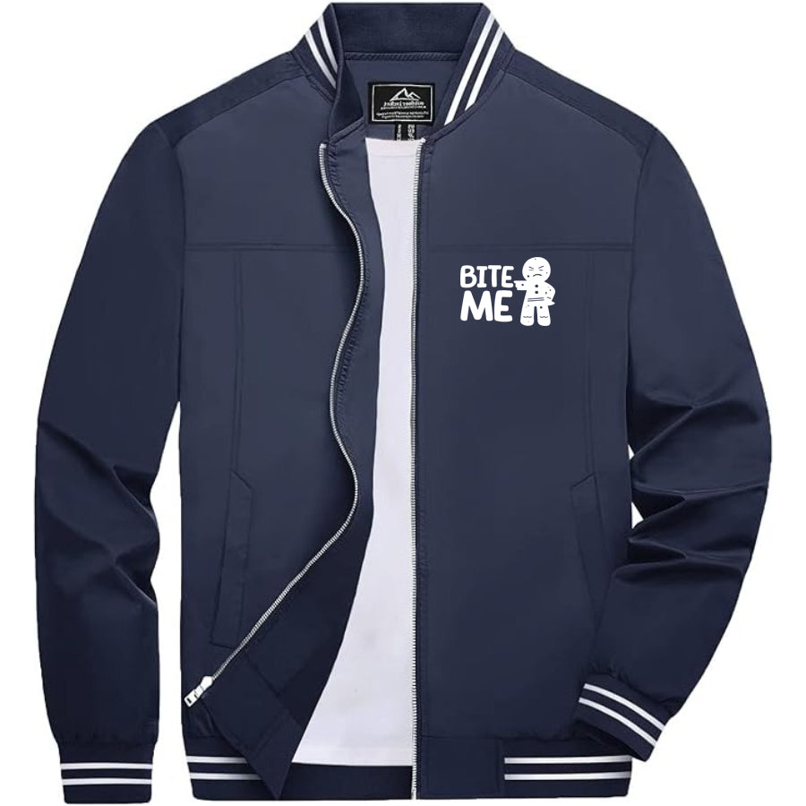 Men's Gingerbread Man Lightweight Zip-Up Bomber Jacket with Ribbed Collar and Cuffs - Versatile Casual Outerwear