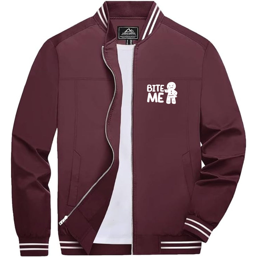 Men's Gingerbread Man Lightweight Zip-Up Bomber Jacket with Ribbed Collar and Cuffs - Versatile Casual Outerwear