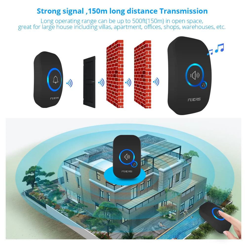 Wireless Doorbell with 433MHz Range – 150M Long-Range Smart Doorbell with 32 Chimes