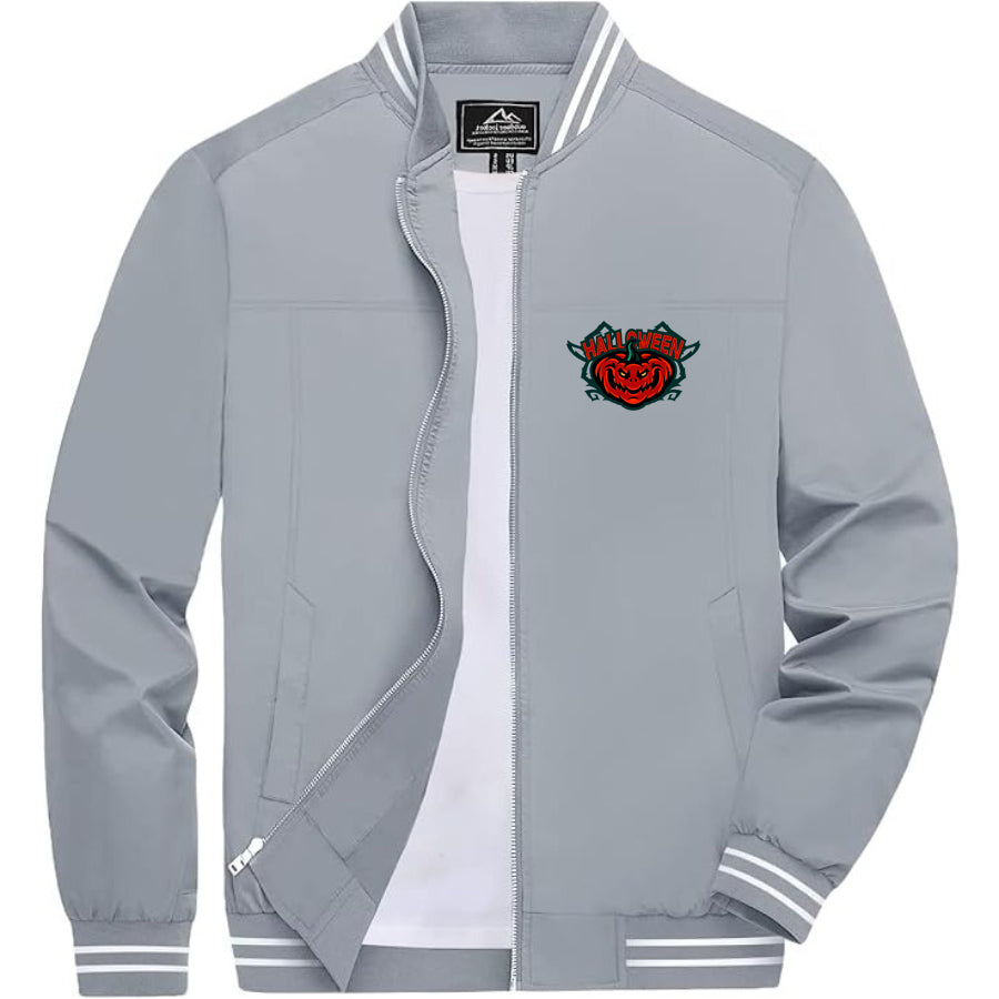 Men's Halloween Pumpkin Lightweight Zip-Up Bomber Jacket with Ribbed Collar and Cuffs - Versatile Casual Outerwear