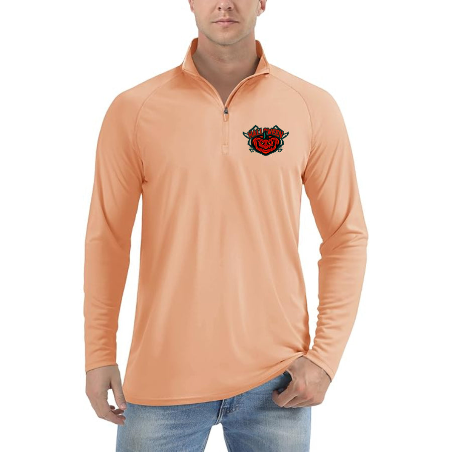 Men's Halloween Pumpkin Lightweight Quarter-Zip Athletic Shirt – Long Sleeve Polyester Wear