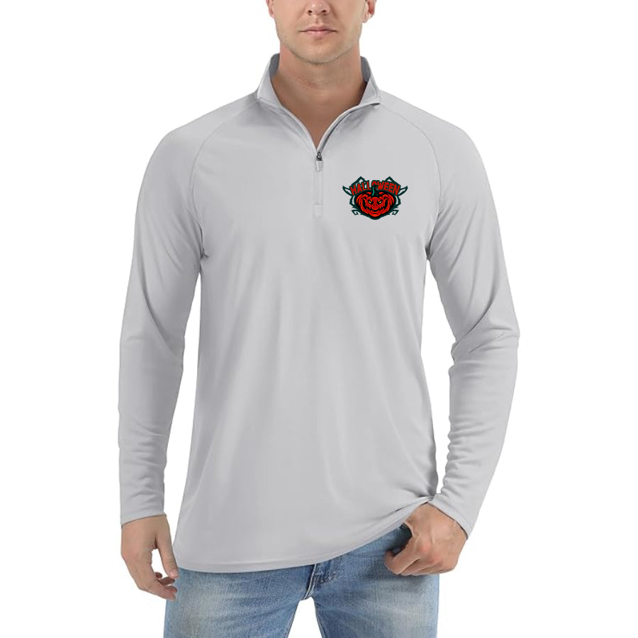 Men's Halloween Pumpkin Lightweight Quarter-Zip Athletic Shirt – Long Sleeve Polyester Wear