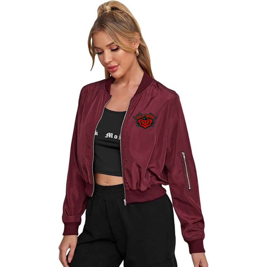 Women's Halloween Pumpkin Lightweight Bomber Biker Jacket Zip up Windbreaker Crop Bomber Jacket Coat