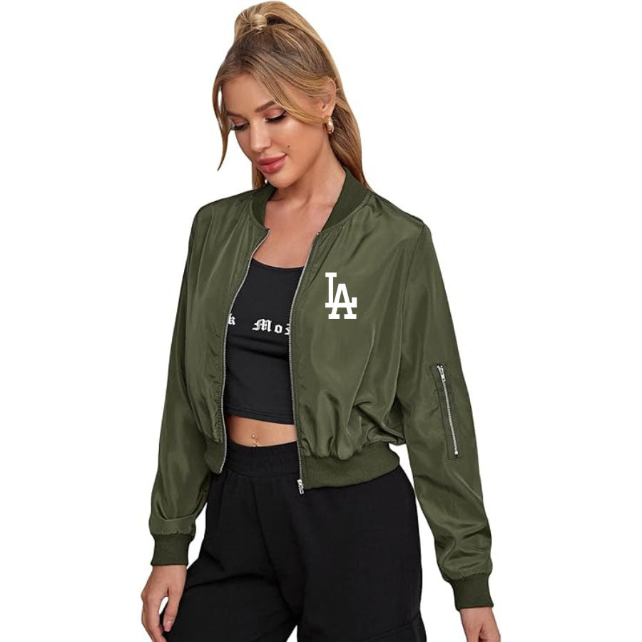 Women's LA Dodgers Lightweight Bomber Biker Jacket Zip up Windbreaker Crop Bomber Jacket Coat