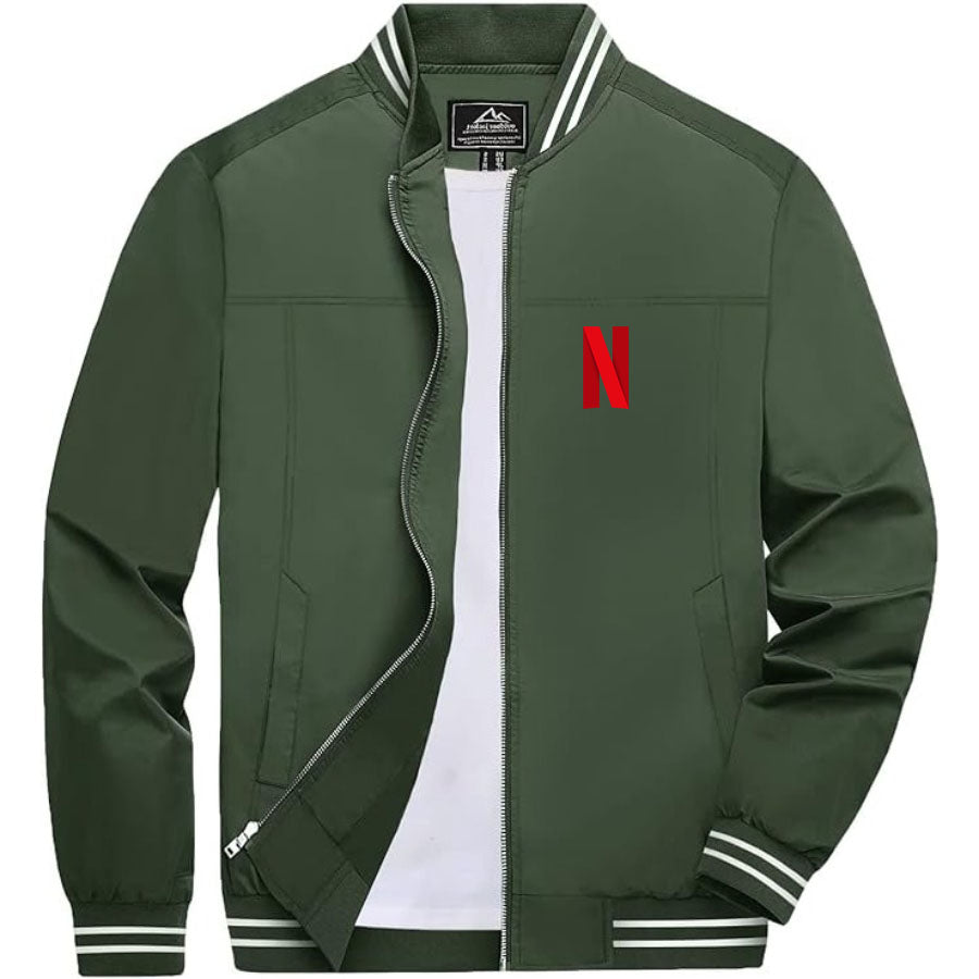 Men's Netflix Lightweight Zip-Up Bomber Jacket with Ribbed Collar and Cuffs - Versatile Casual Outerwear