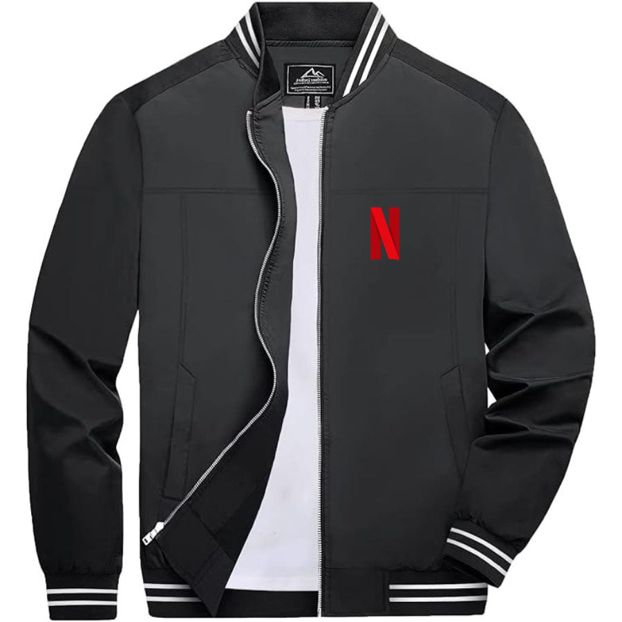 Men's Netflix Lightweight Zip-Up Bomber Jacket with Ribbed Collar and Cuffs - Versatile Casual Outerwear