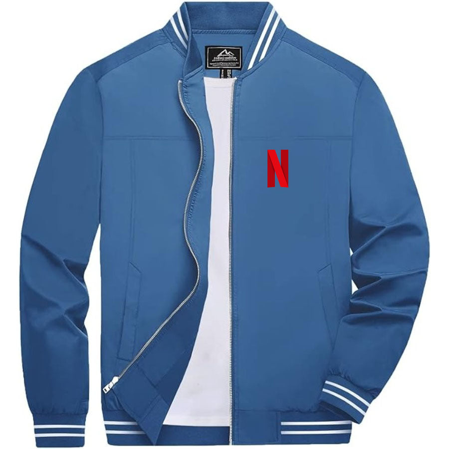 Men's Netflix Lightweight Zip-Up Bomber Jacket with Ribbed Collar and Cuffs - Versatile Casual Outerwear