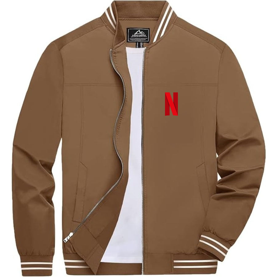 Men's Netflix Lightweight Zip-Up Bomber Jacket with Ribbed Collar and Cuffs - Versatile Casual Outerwear
