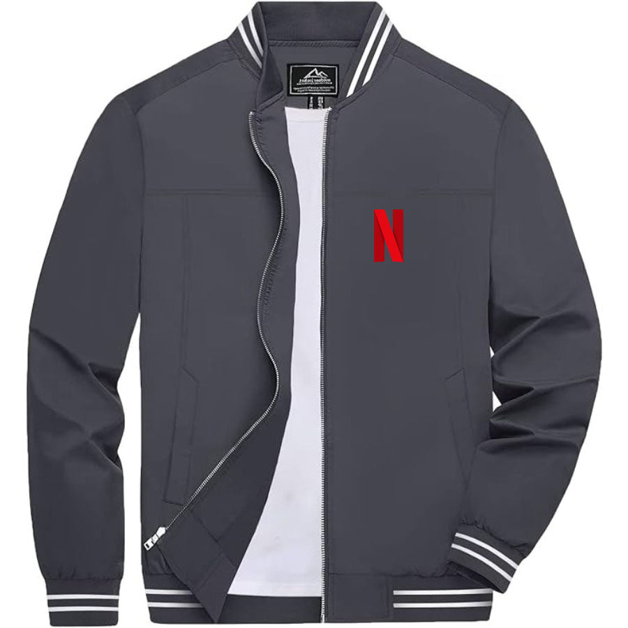 Men's Netflix Lightweight Zip-Up Bomber Jacket with Ribbed Collar and Cuffs - Versatile Casual Outerwear