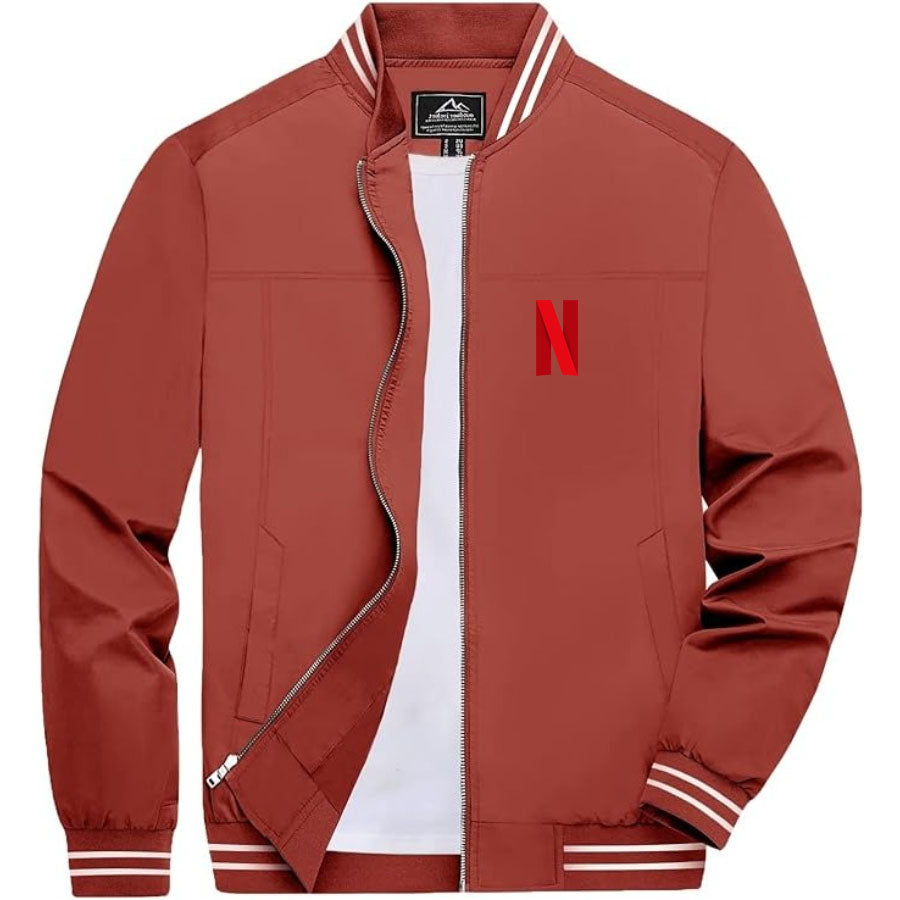 Men's Netflix Lightweight Zip-Up Bomber Jacket with Ribbed Collar and Cuffs - Versatile Casual Outerwear