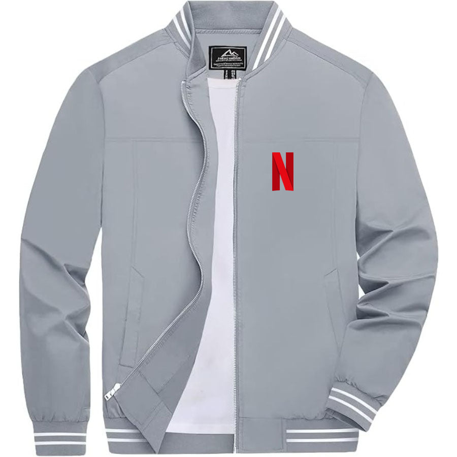 Men's Netflix Lightweight Zip-Up Bomber Jacket with Ribbed Collar and Cuffs - Versatile Casual Outerwear