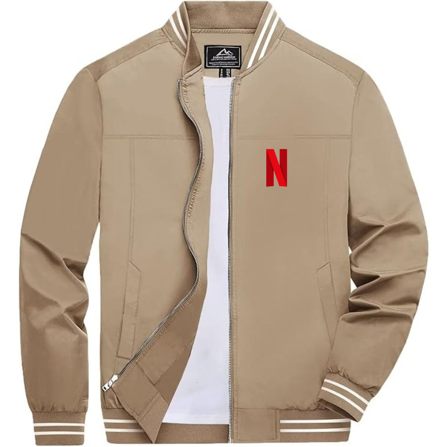 Men's Netflix Lightweight Zip-Up Bomber Jacket with Ribbed Collar and Cuffs - Versatile Casual Outerwear