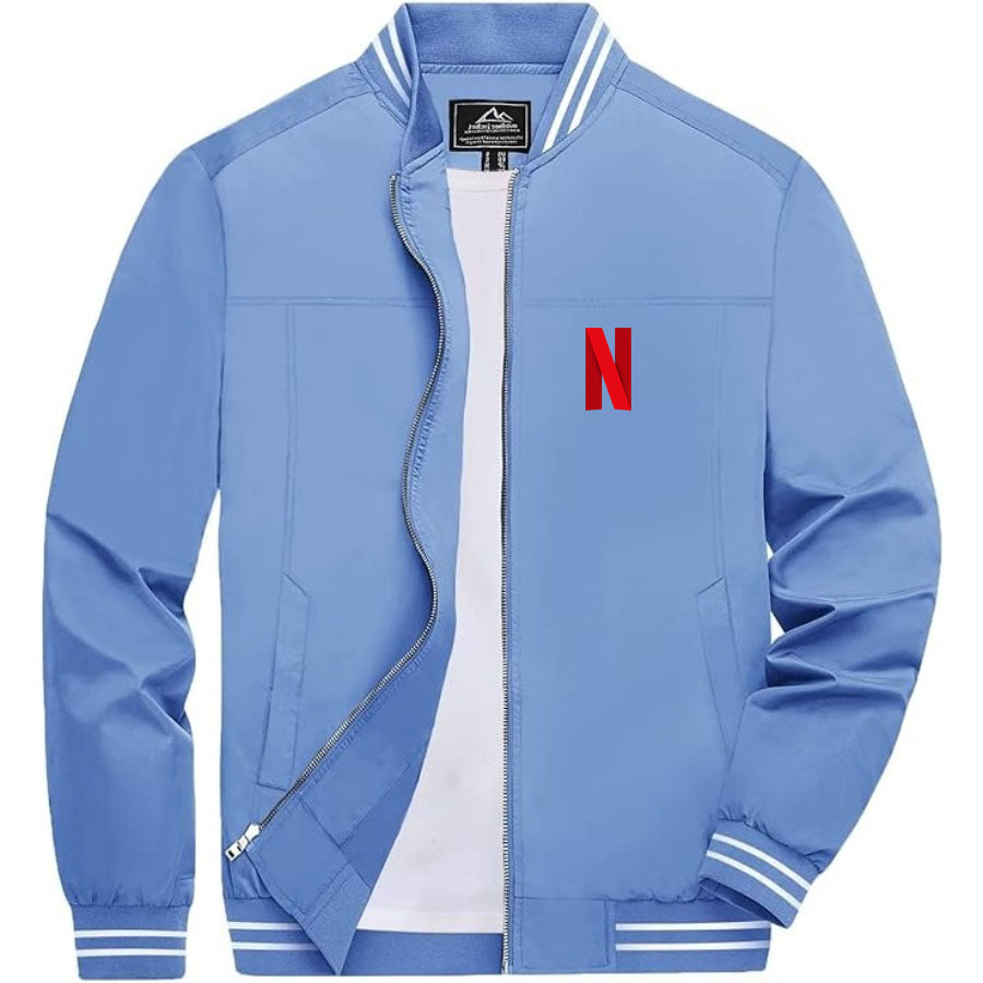 Men's Netflix Lightweight Zip-Up Bomber Jacket with Ribbed Collar and Cuffs - Versatile Casual Outerwear