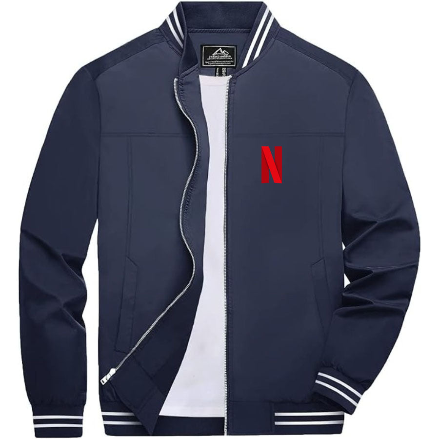 Men's Netflix Lightweight Zip-Up Bomber Jacket with Ribbed Collar and Cuffs - Versatile Casual Outerwear