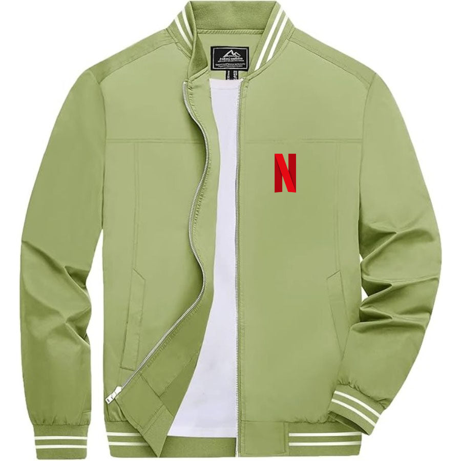 Men's Netflix Lightweight Zip-Up Bomber Jacket with Ribbed Collar and Cuffs - Versatile Casual Outerwear