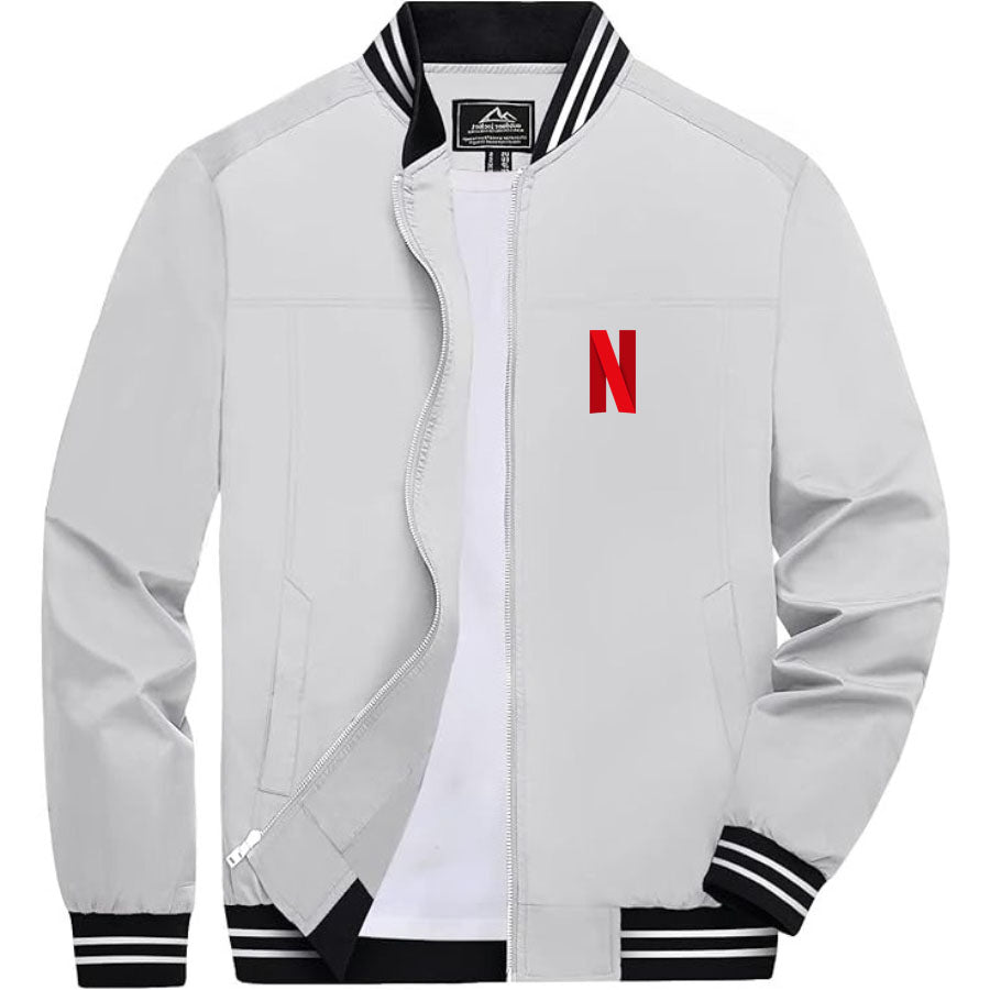 Men's Netflix Lightweight Zip-Up Bomber Jacket with Ribbed Collar and Cuffs - Versatile Casual Outerwear