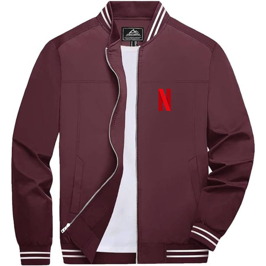 Men's Netflix Lightweight Zip-Up Bomber Jacket with Ribbed Collar and Cuffs - Versatile Casual Outerwear