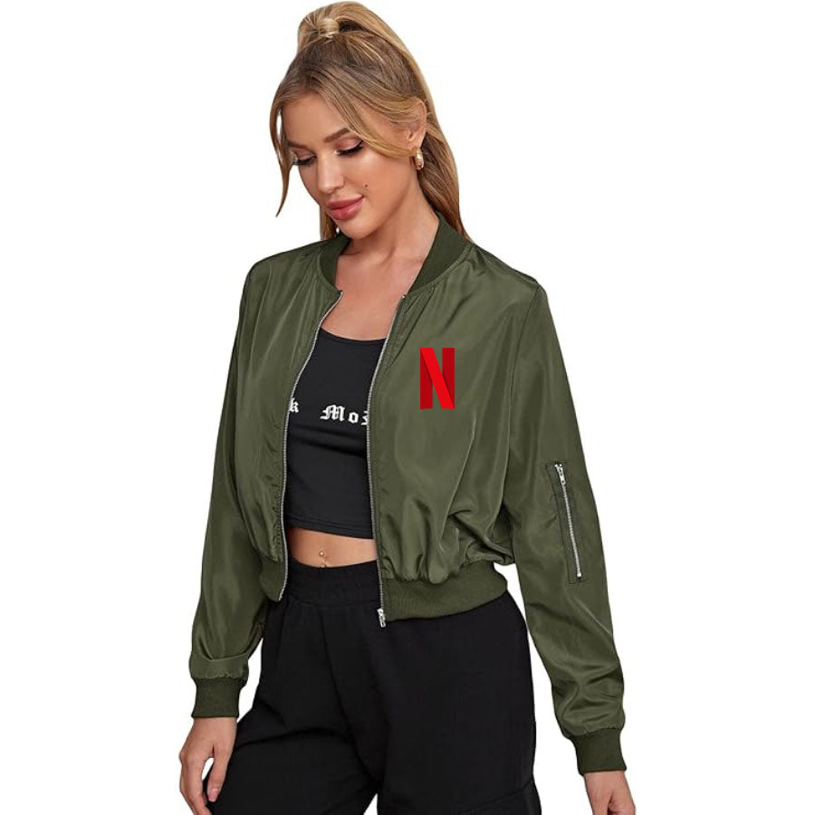 Women's Netflix Lightweight Bomber Biker Jacket Zip up Windbreaker Crop Bomber Jacket Coat