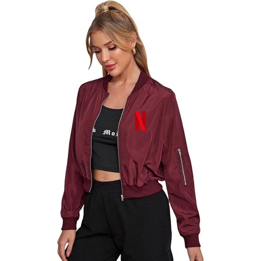 Women's Netflix Lightweight Bomber Biker Jacket Zip up Windbreaker Crop Bomber Jacket Coat