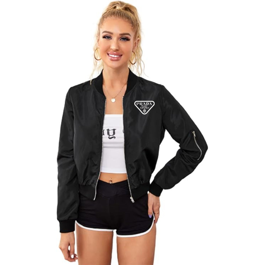 Women's Prada Lightweight Bomber Biker Jacket Zip up Windbreaker Crop Bomber Jacket Coat