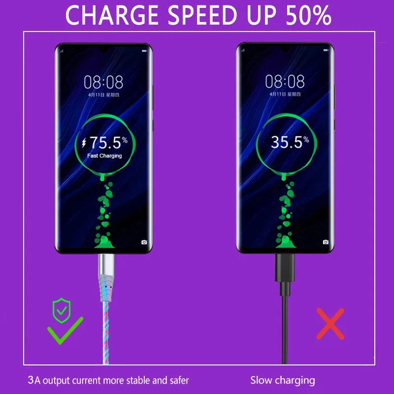 Luminous Flowing LED USB Charging Cable | Type-C, Micro USB & Lightning