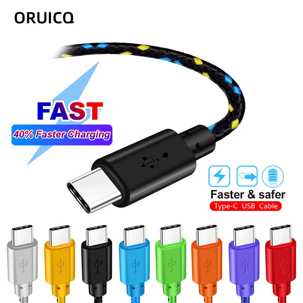 USB-C Fast Charging Cable – Braided Nylon, High-Speed Data Transfer, 3A Power (1M/2M/3M)