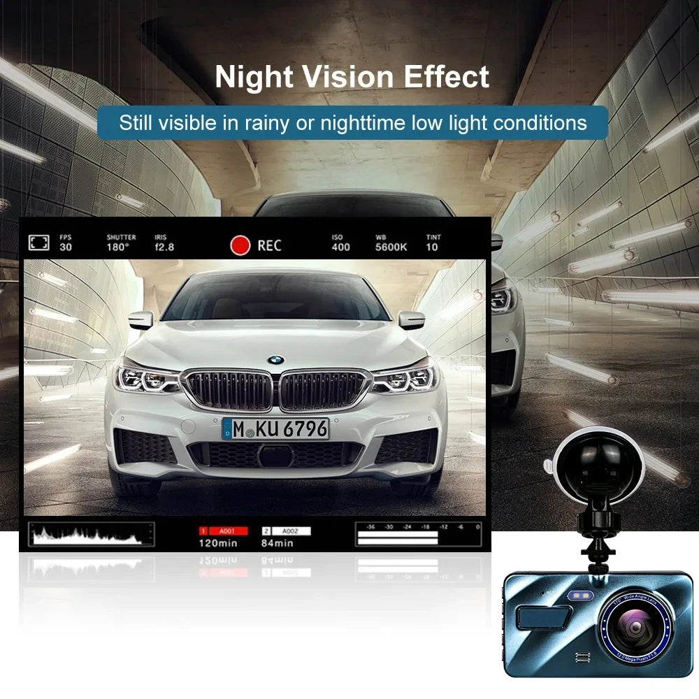 4-inch Dual Lens Dash Cam – Full HD 1080P, Night Vision, Touchscreen, Front & Rear View, Loop Recording DVR
