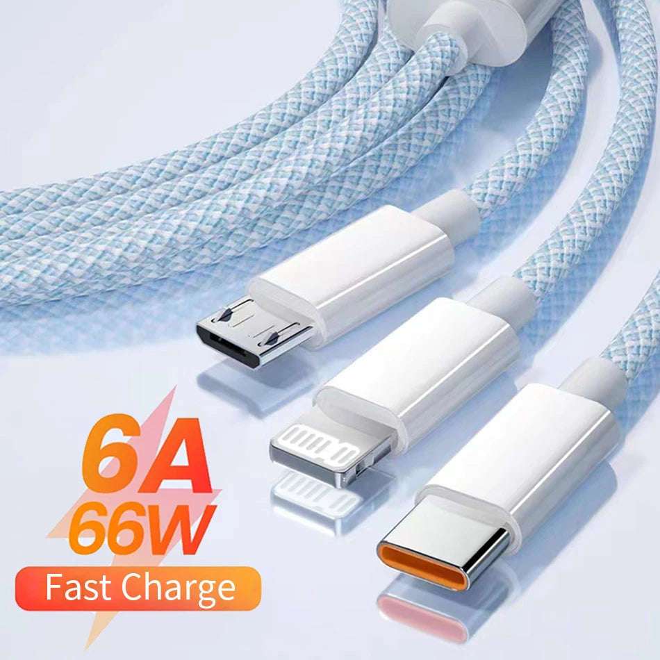3-in-1 Fast Charging Cable - USB Type-C, Lightning, Micro USB | 66W High-Speed Charging | Braided Nylon