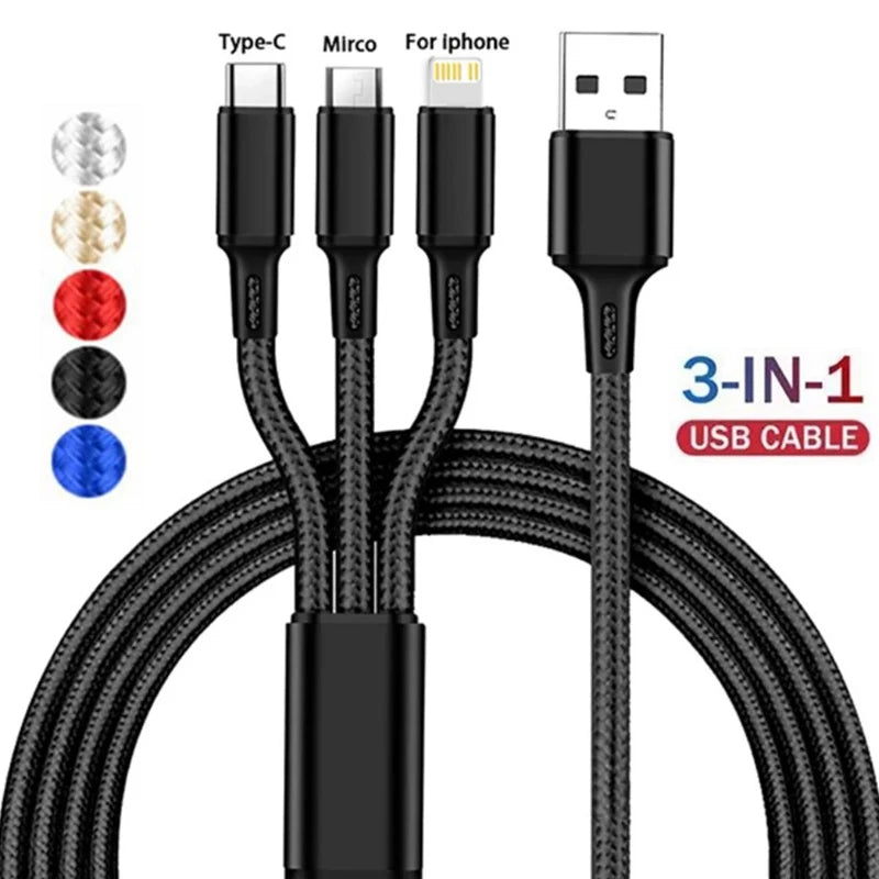 3-in-1 Multi Charging Cable | USB-A to Type-C, Micro USB & Lightning