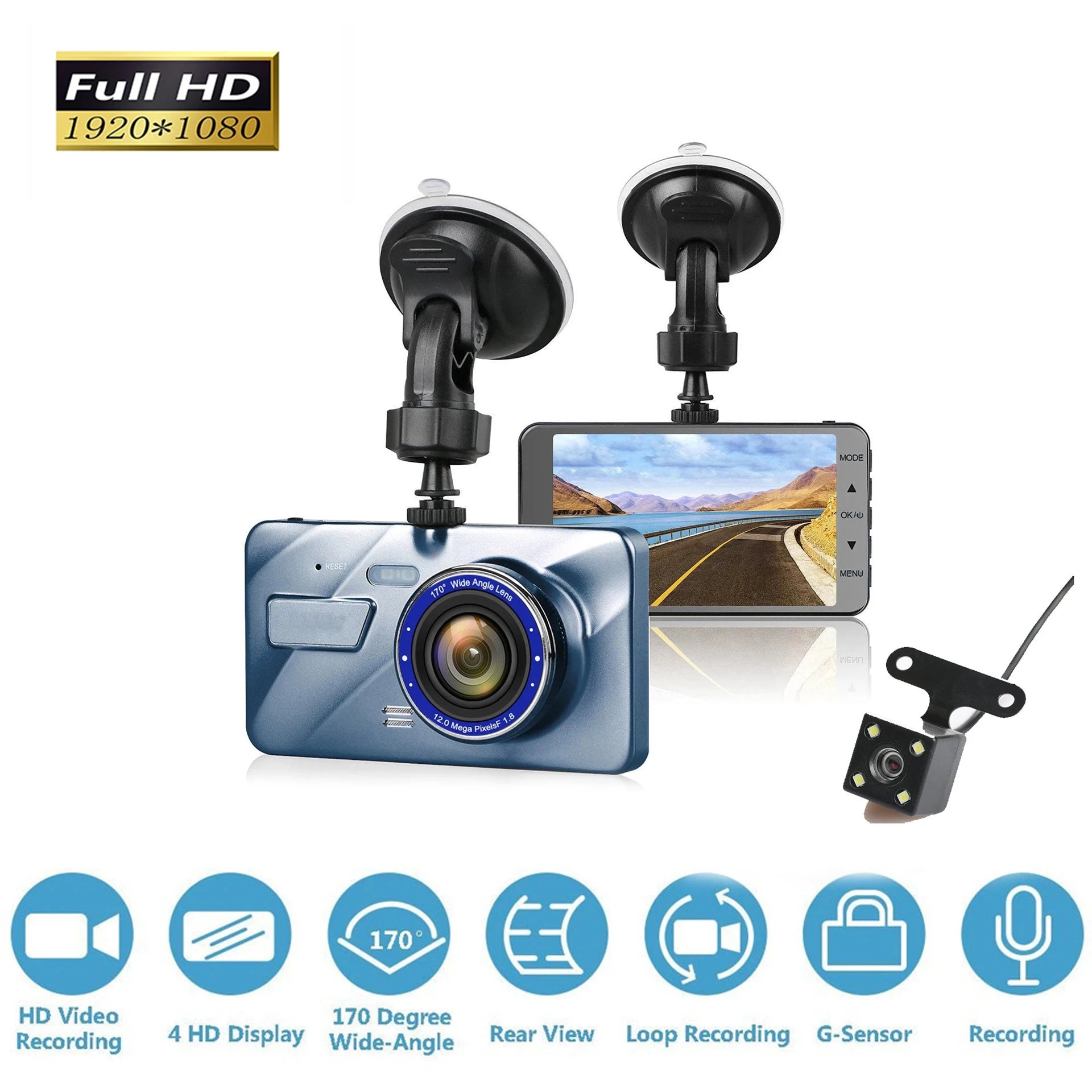 4-inch Dual Lens Dash Cam – Full HD 1080P, Night Vision, Touchscreen, Front & Rear View, Loop Recording DVR