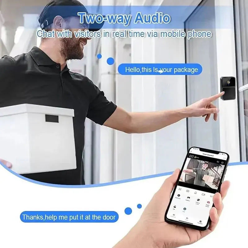 WiFi Smart Video Doorbell with Night Vision, HD Camera, Two-Way Audio, Battery-Powered Home Security Intercom System