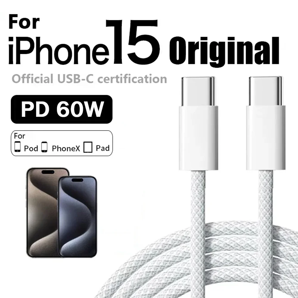 60W USB-C to USB-C Fast Charging Cable – PD 3.0, QC 4.0 Compatible for iPhone 15, MacBook, Samsung, and More