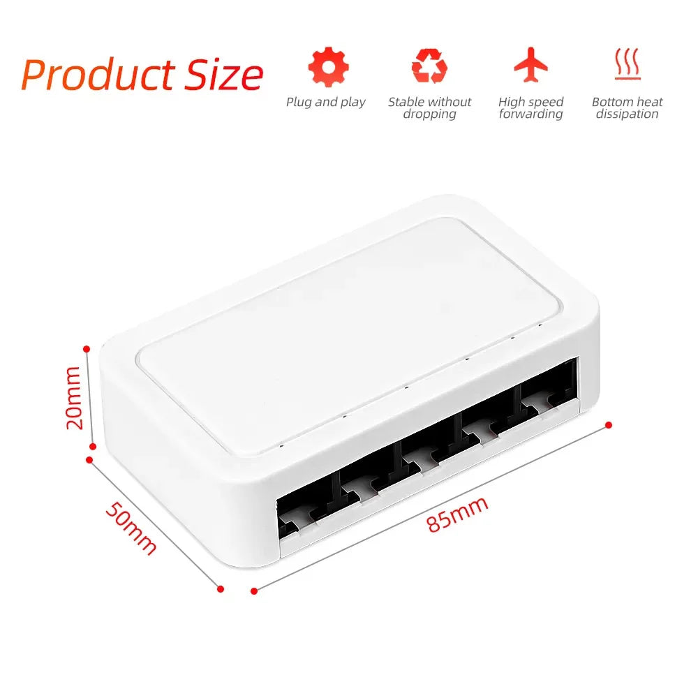 5-Port Gigabit Ethernet Switch | 10/100/1000Mbps Network Hub | Plug & Play Internet Splitter