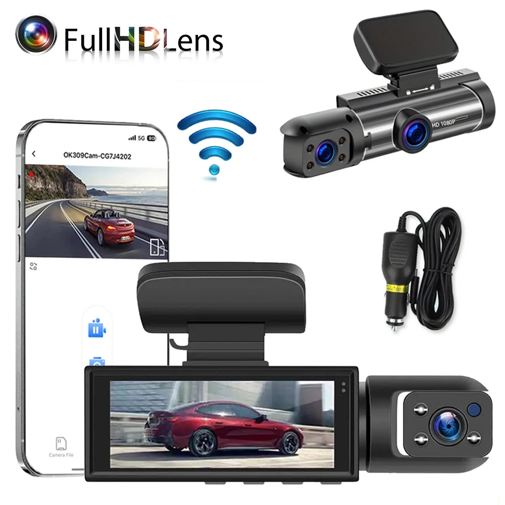 1080P Dual Camera WiFi Car DVR Dash Cam with Rear View, Night Vision, and Loop Recording