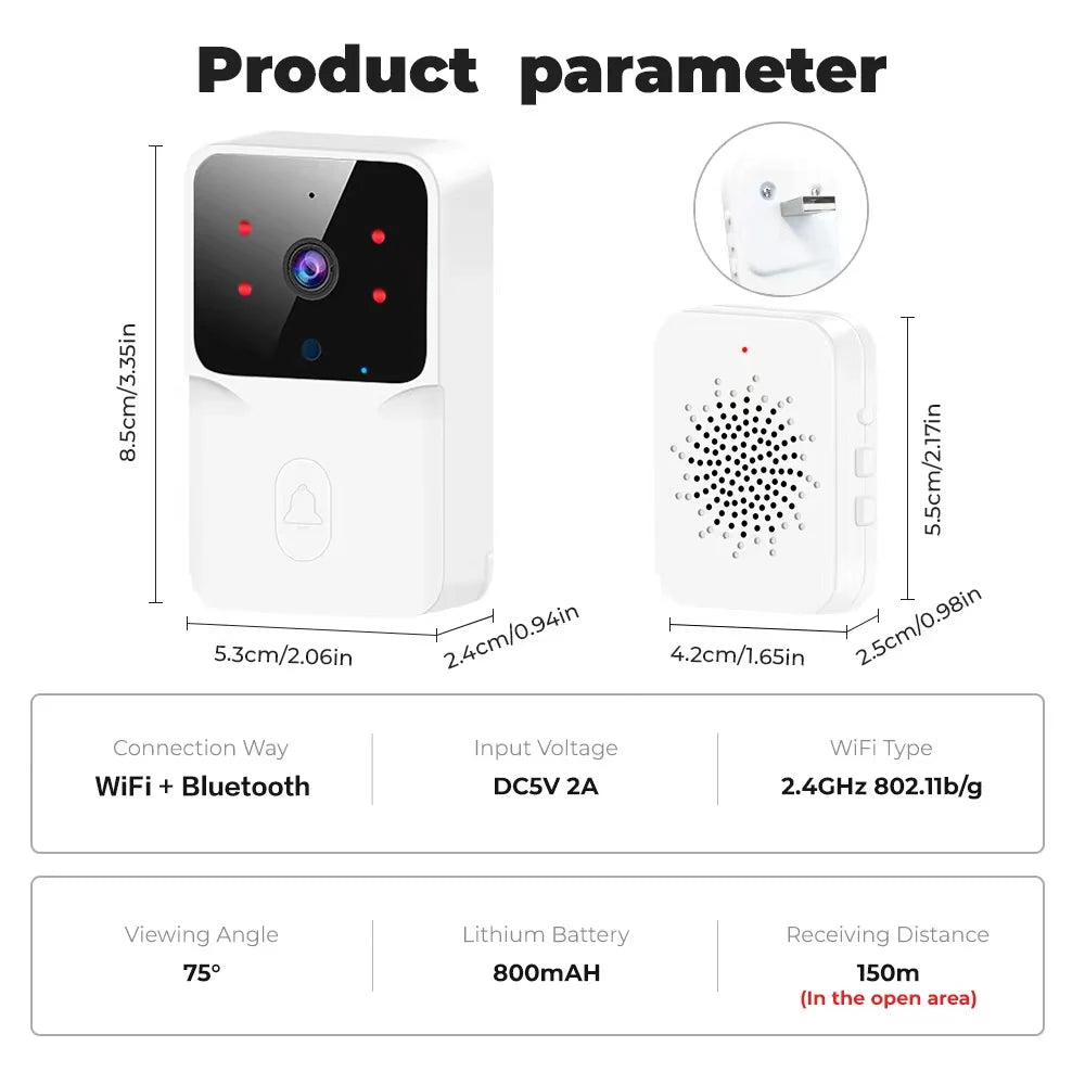 Smart Video Doorbell with Chime, WiFi Wireless Night Vision, Rechargeable Battery, and Indoor Security Protection