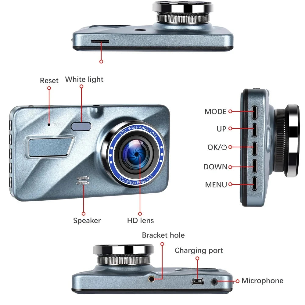 4-inch Dual Lens Dash Cam – Full HD 1080P, Night Vision, Touchscreen, Front & Rear View, Loop Recording DVR
