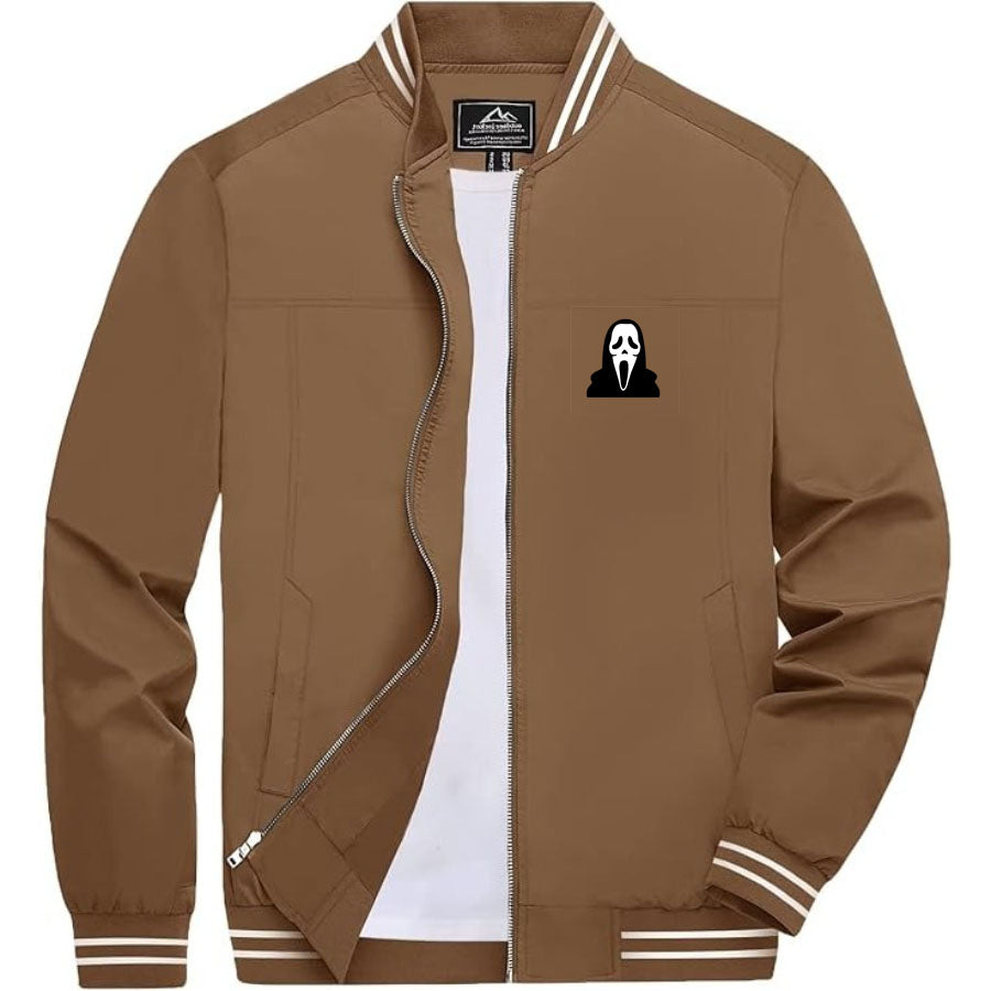 Men's Scream Ghostface Lightweight Zip-Up Bomber Jacket with Ribbed Collar and Cuffs - Versatile Casual Outerwear